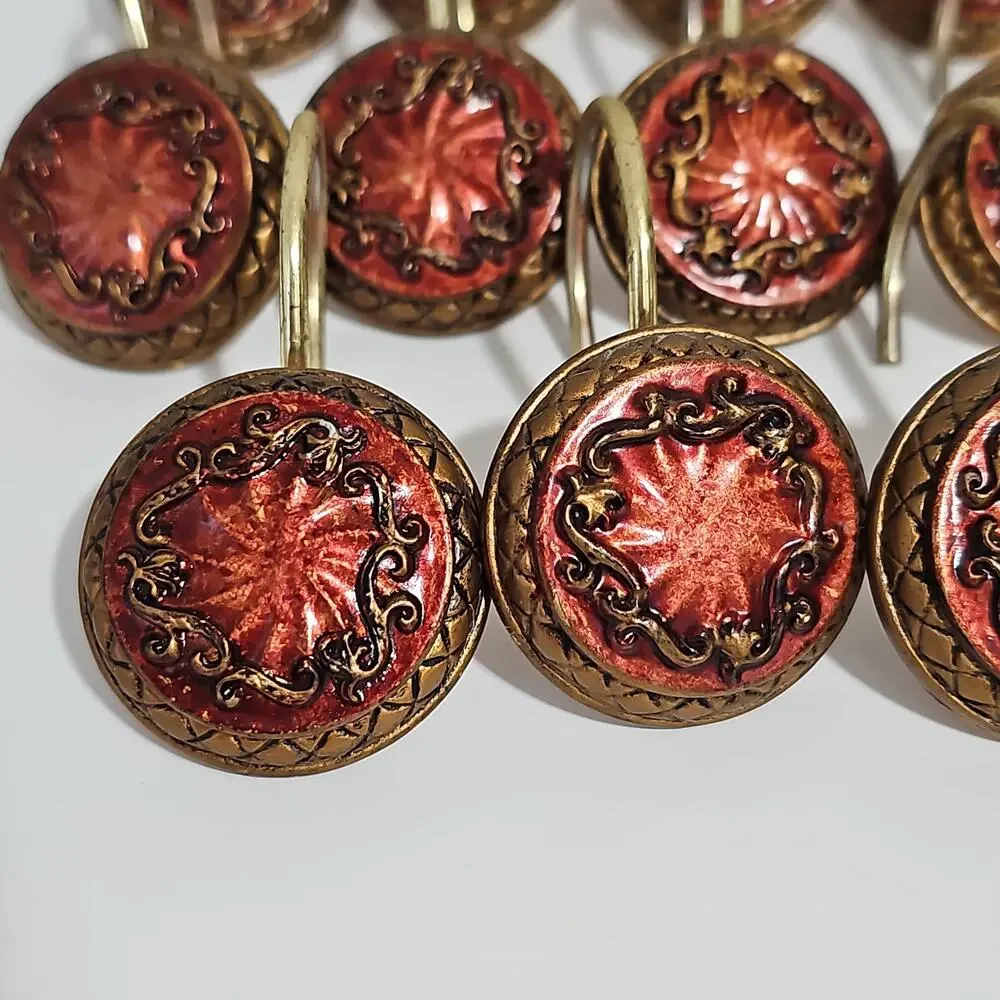 Set of 12 Shower Curtain Hooks Red Gold Ornate Bathroom Decor Whimsy